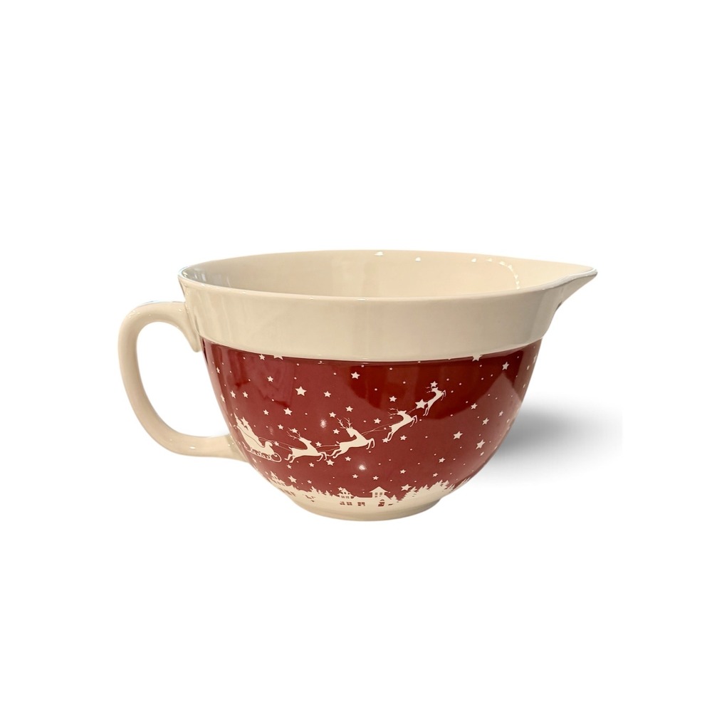 The Bake Shop Christmas Batter Bowl Red Santa Sleigh Reindeer Ceramic MixingBowL